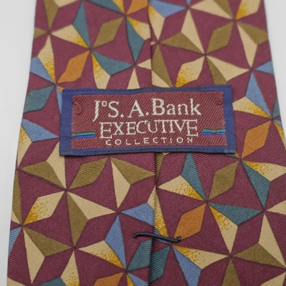 Jos A Bank Executive Red Tan Green Geometric‎ Print Silk Tie